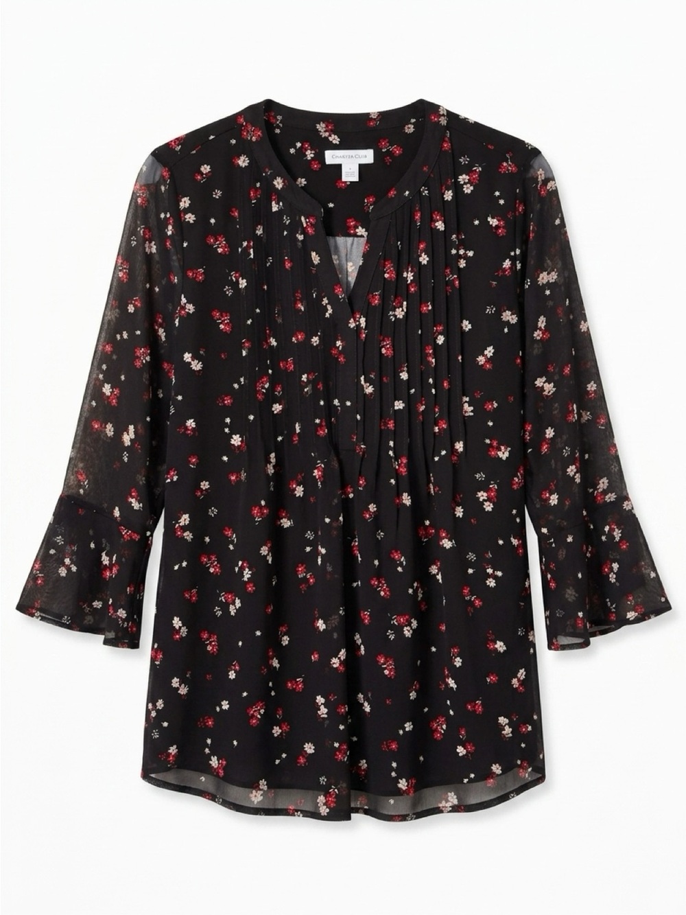 Charter Club Black Floral Pintuck Blouse with Red and Cream Accents